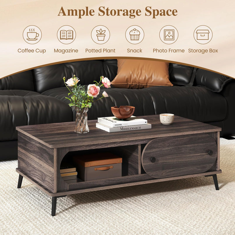 Giantex Mid Century Modern Coffee Table with Storage & Sliding Door