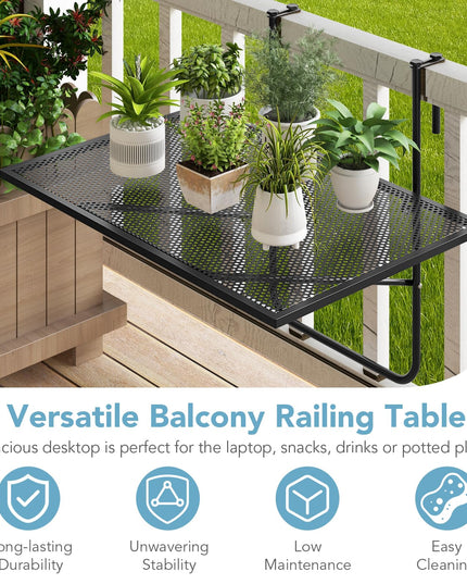 Giantex Balcony Table, Folding Outdoor Side Table for Railings Up to 2.4" Thick, Space-saving Railing Serving Table with Metal Frame