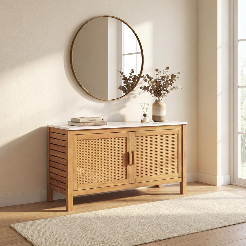 Giantex Acacia Wood Outdoor Cabinet w/Faux Marble Top