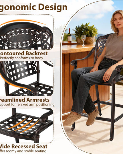 Giantex Lot de 2/4 tabourets de bar d'extérieur 65 cm Chaise de bar en aluminium moulé hauteur comptoir