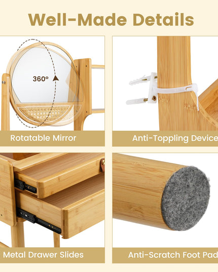 Small Bamboo Vanity Desk with Mirror and Stool for Bedroom Small Spaces