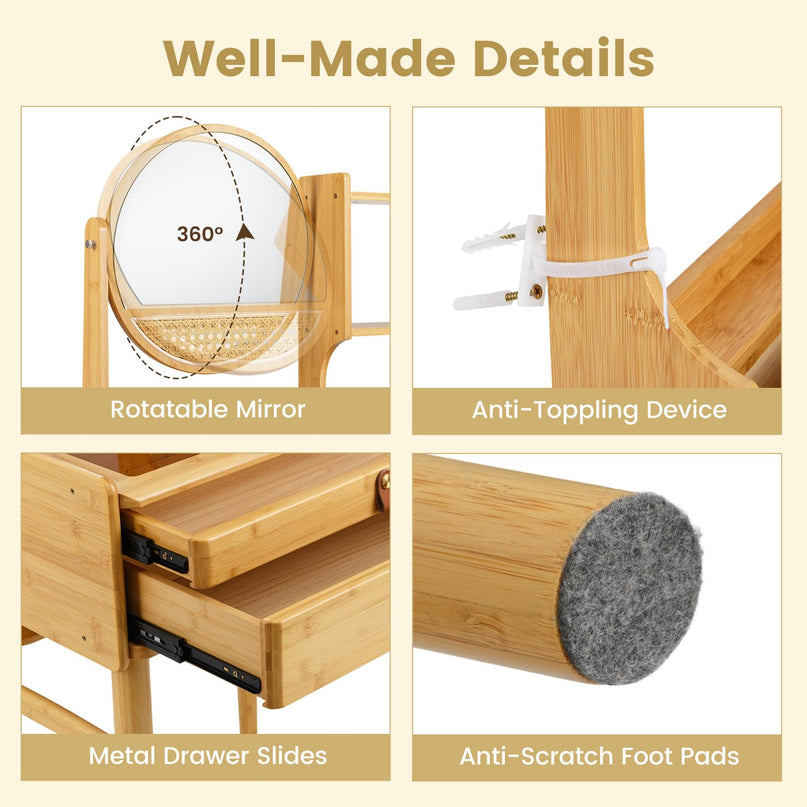 Small Bamboo Vanity Desk with Mirror and Stool for Bedroom Small Spaces