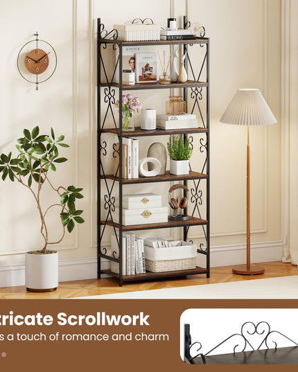 Giantex 6-Tier Industrial Bookcase with Scrollwork Metal Frame & 2 Anti-Tipping Kits