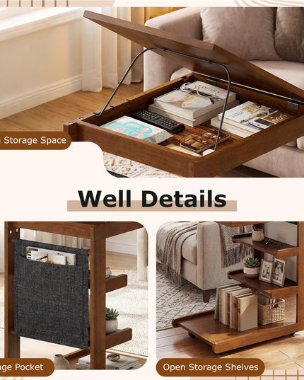 Giantex C-Shaped End Table with Wheels Adjustable Desktop Edge Stopper & 3 Storage Shelves
