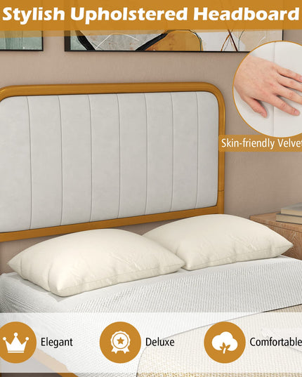 Giantex Twin Size Gold Bed Frame with Velvet Headboard and Footboard, Heavy-duty Metal Slats Support Mattress Foundation