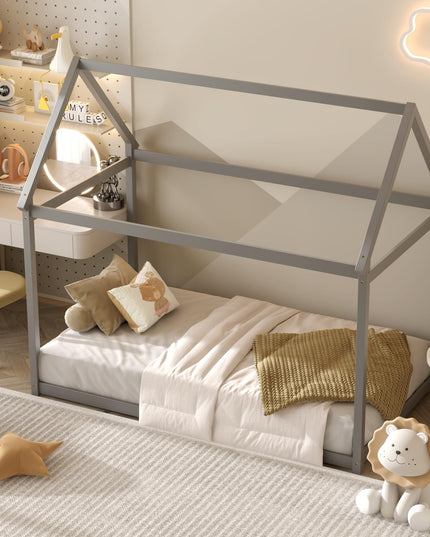 Giantex Twin House Bed, Wood Montessori Bed Frame with House Roof Canopy