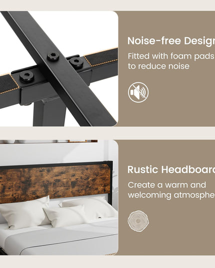 Giantex Full Size Bed Frame with Rustic Headboard & Footboard, Strong Metal Slat Support Mattress Foundation