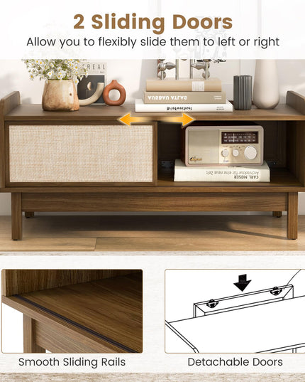 Giantex Coffee Table with Storage and Sliding Doors, Mid-Century Modern Coffee Table with Adjustable & Removable Shelf