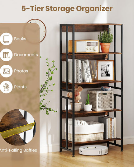 Giantex 5-Tier Bookshelf, 62" Tall Bookcase w/Tiltable Shelves, Metal Frame, Convertible Display Storage Rack