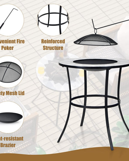 Giantex Fire Pit Table, Outdoor Fire Pit with Mesh Cover, Fire Poker, Tile Tabletop