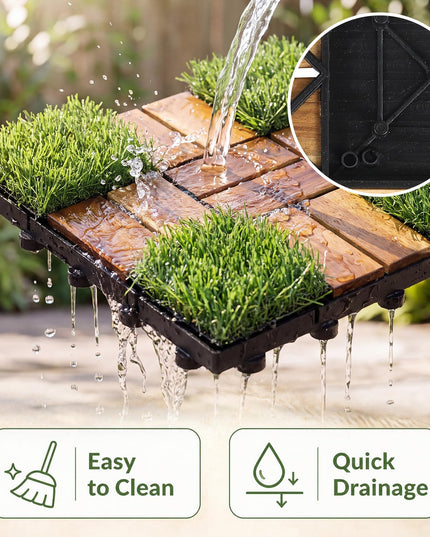GIANTEX 30 PCS Interlocking Acacia Wood & Artificial Grass Deck Tiles