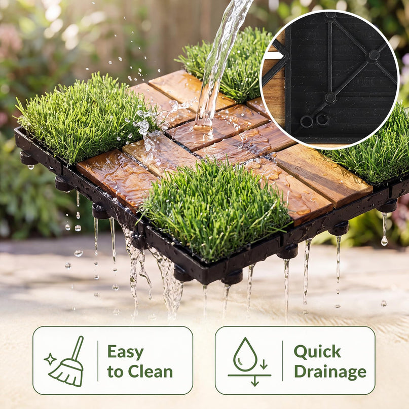 GIANTEX 30 PCS Interlocking Acacia Wood & Artificial Grass Deck Tiles