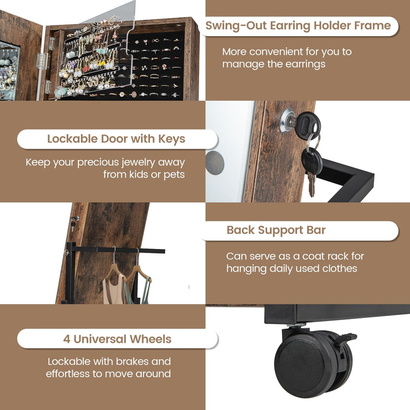 CHARMAID Jewelry Cabinet Armoire with LED Full Length Mirror, 3 Adjustable Heights, up to 69 inches