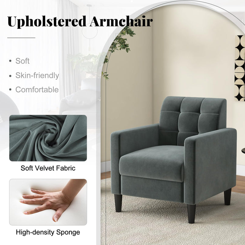 Giantex Modern Velvet Accent Chair Set, Upholstered Comfy Armchair with Tufted Back, Arms, Mid Century Single Sofa Side Chair
