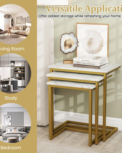 Giantex Nesting Coffee Table Set of 3 w/Faux Marble Tabletop & Heavy-Duty Metal Frame