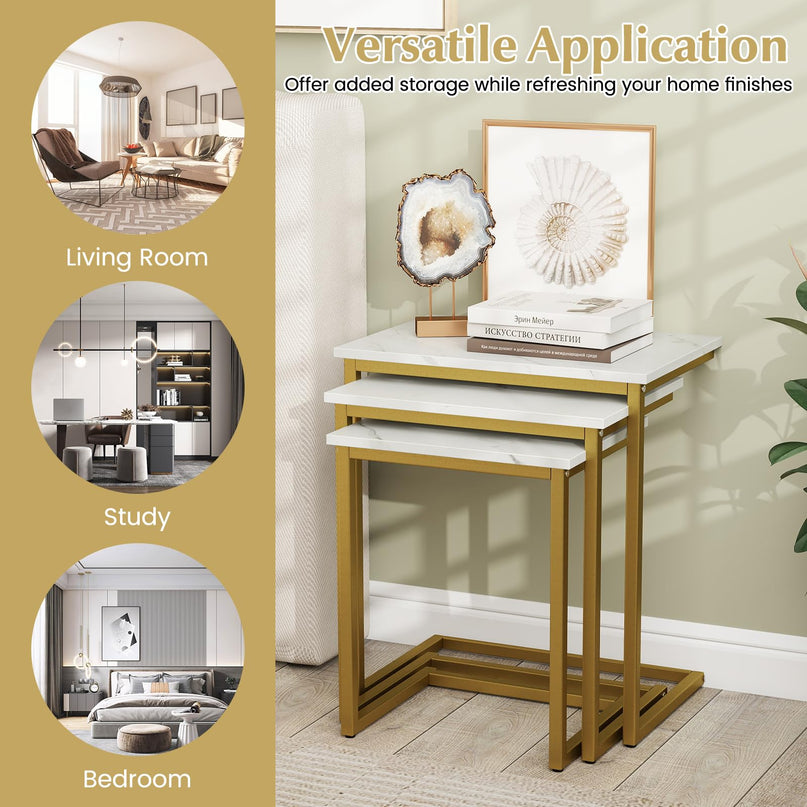 Giantex Nesting Coffee Table Set of 3 w/Faux Marble Tabletop & Heavy-Duty Metal Frame