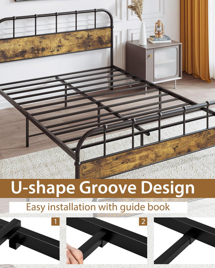Giantex Queen Size Metal Bed Frame with Wood Headboard, Industrial Platform Bed Frame with Heavy Duty Metal Slat