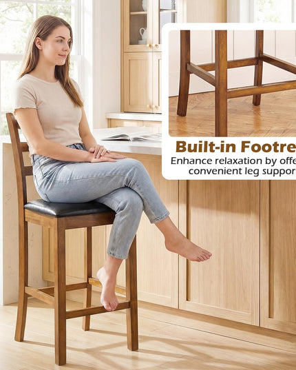 Giantex 24" Ladder Back Wood Counter Height Bar Chairs with Padded Faux Leather Upholstered Seat (2/4)