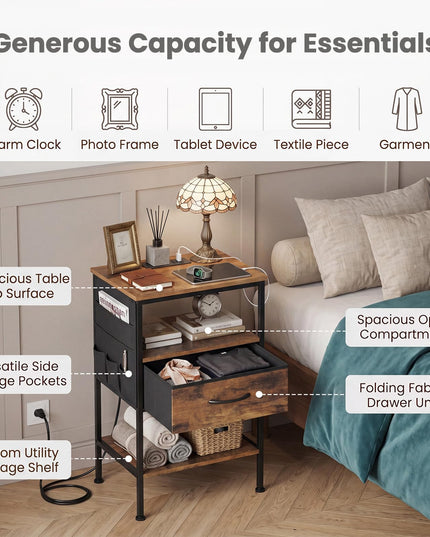 Giantex 24.5"/27.5" Nightstand with Charging Station & 1 Fabric Drawer(1/2)