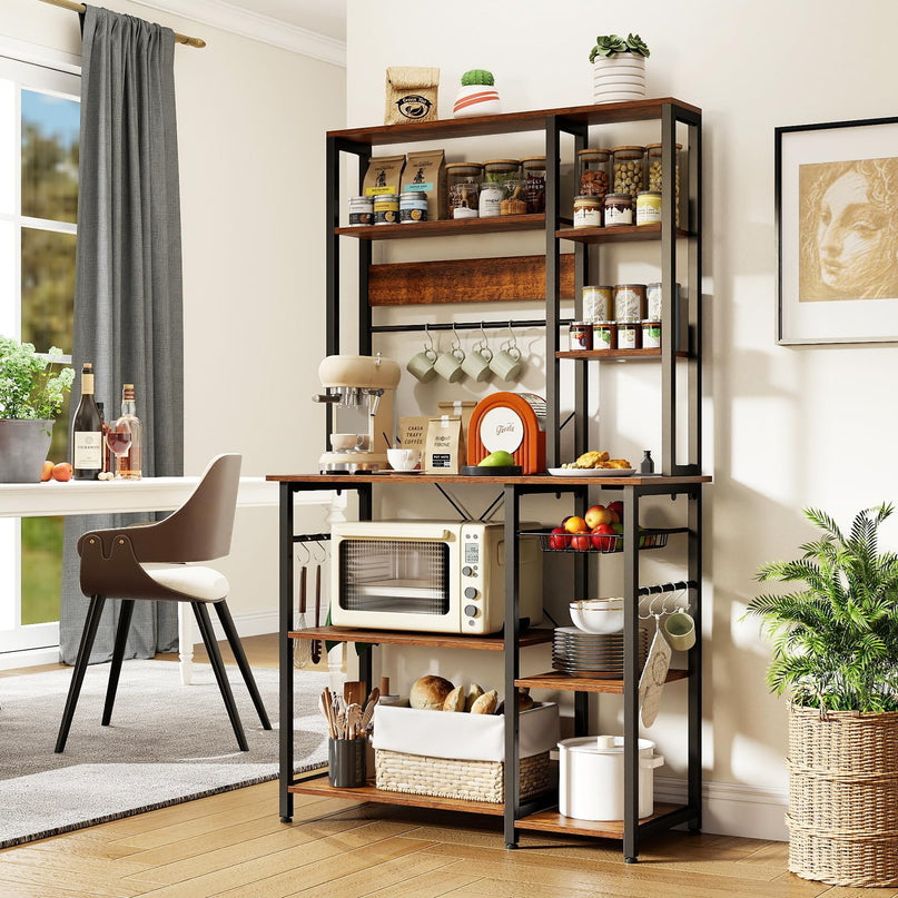 Giantex Large Bakers Rack with Power Outlet 6-Tier Microwave Stand with Wire Basket