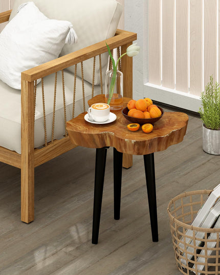 Giantex Teak Wood Outdoor Side Table - 18” End Table with Solid Live Edge, Irregular Tabletop, Mahogany Tapered Legs