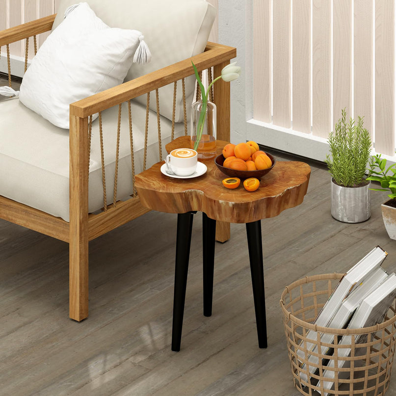 Giantex Teak Wood Outdoor Side Table - 18” End Table with Solid Live Edge, Irregular Tabletop, Mahogany Tapered Legs