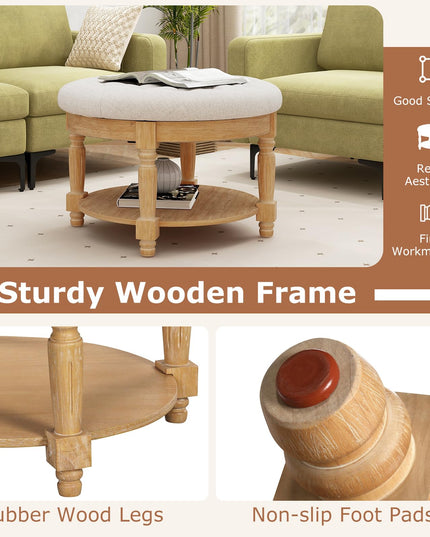 Giantex Large Ottoman Coffee Table - 29 inch Oversized Round Ottoman with Storage Shelf, Flip up Top, Wood Legs