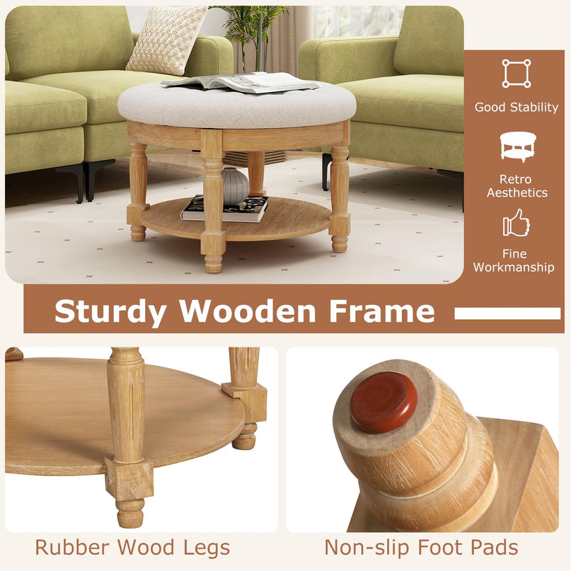 Giantex Large Ottoman Coffee Table - 29 inch Oversized Round Ottoman with Storage Shelf, Flip up Top, Wood Legs