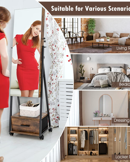 CHARMAID Rolling Jewelry Cabinet with Full Length Mirror, Lockable Standing Jewelry Armoire with Wheels