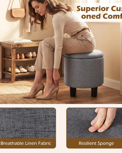 Giantex Round Ottoman with Storage Linen Fabric Upholstered