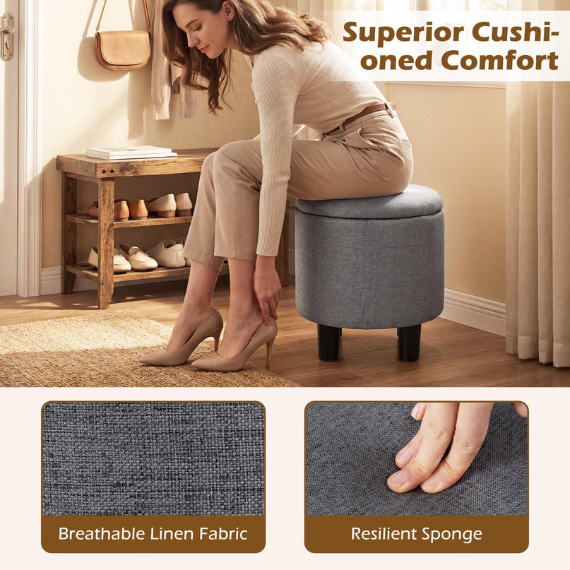 Giantex Round Ottoman with Storage Linen Fabric Upholstered