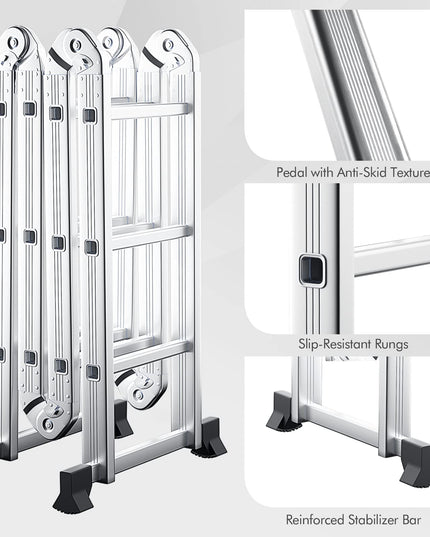 7 in 1 Folding Extension Ladders,Extendable Scaffold Aluminum Step Ladder 330LB (12.2 Ft)