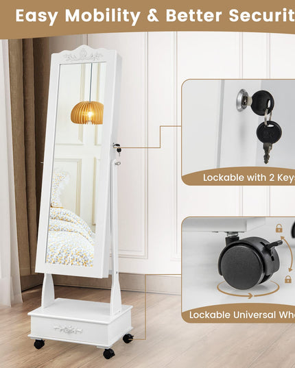 CHARMAID 6 LEDs Rolling Jewelry Cabinet with High Full Length Mirror, Lockable Standing Jewelry Armoire with Wheels