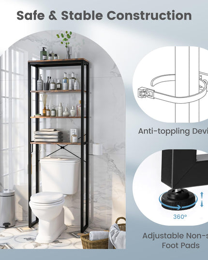 Giantex Over The Toilet Storage Rack, 4-Tier Wooden Bathroom Space Saver w/Metal Frame & 2 Hooks