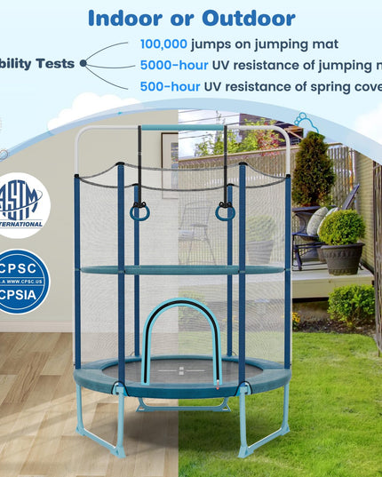 Giantex 60" Trampoline for Kids, 5 Ft Toddler Trampoline with Net, 85" Height Mini Trampoline with Detachable Ring and Horizontal Bar