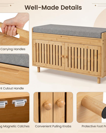 GIANTEX 36" Bamboo Shoe Storage Bench with Lift Top & Cushion