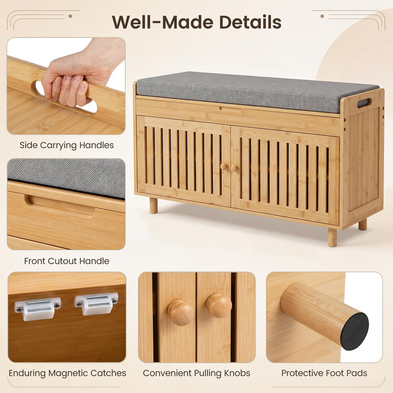 GIANTEX 36" Bamboo Shoe Storage Bench with Lift Top & Cushion