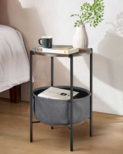 End Table Round Sofa Side Table W/Durable Storage Fabric Basket