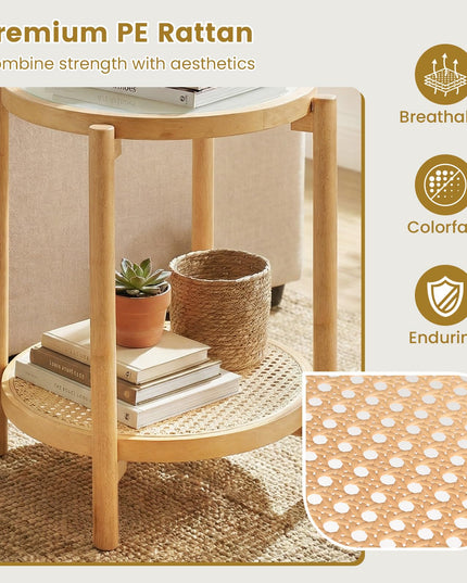 Giantex Rattan Round Side Table | 2-Tier Boho End Table w/Tempered Glass Top (1/2)