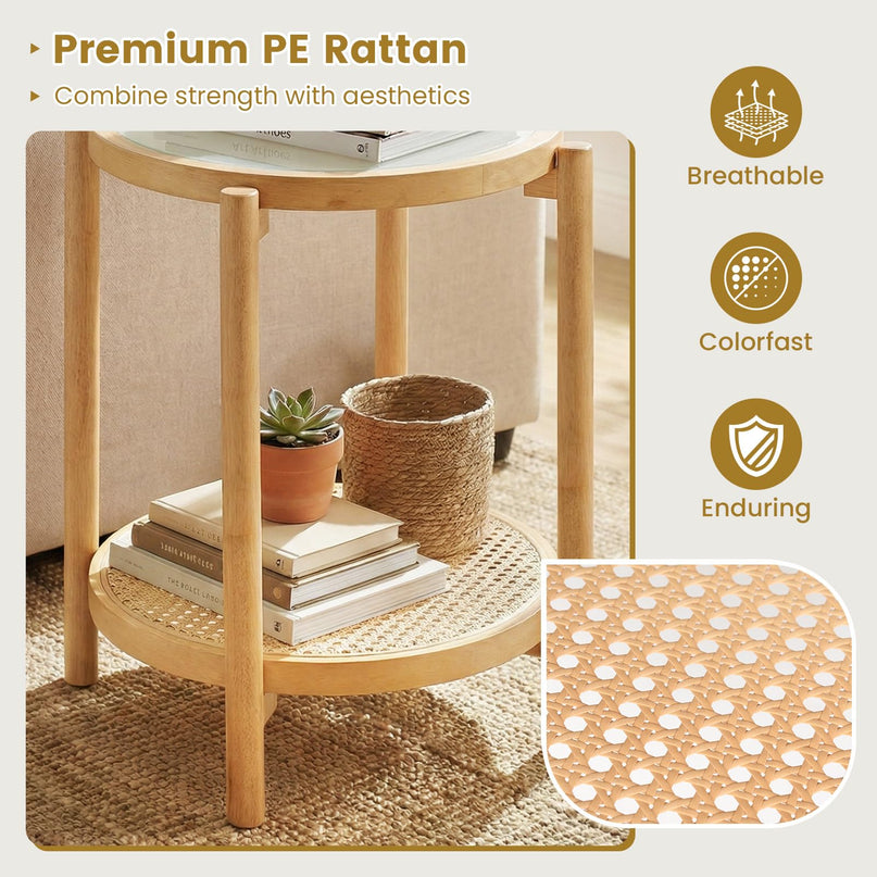 Giantex Rattan Round Side Table | 2-Tier Boho End Table w/Tempered Glass Top (1/2)