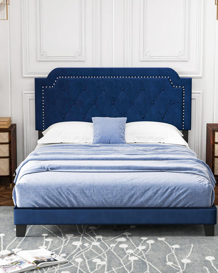 Giantex Velvet Queen Size Bed Frame, Upholstered Platform Bed with Button Tufted & Nailhead Trim Headboard