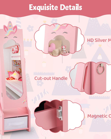 CHARMAID Kids Mirror Jewelry Cabinet - 45.5" Standing Jewelry Armoire with Full Length Mirror