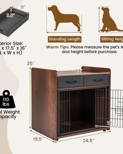 Giantex Dog Crate Furniture - Wooden Dog Cage End Table with 2 Storage Drawers