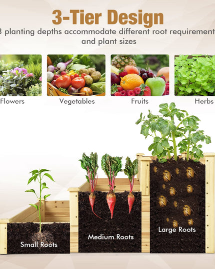 Giantex 3 Tier Raised Garden Bed, Wood Planter Box 48 x 48 x 22 Inch Vegetable Flower Herb Fruit Growing Bed Kit