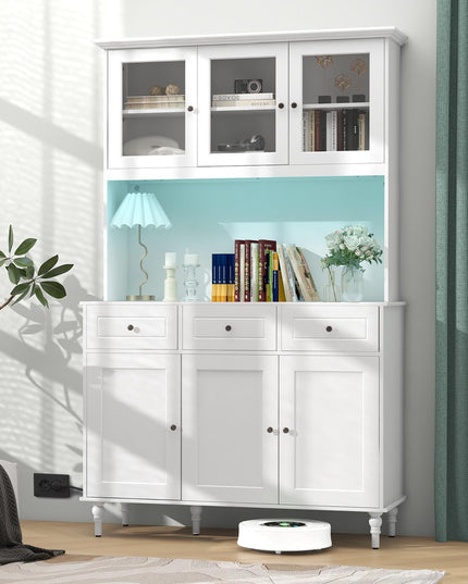 Giantex Pantry Cabinet, 77” Tall Buffet Cabinet with Hutch, LED Lights & Charging Station