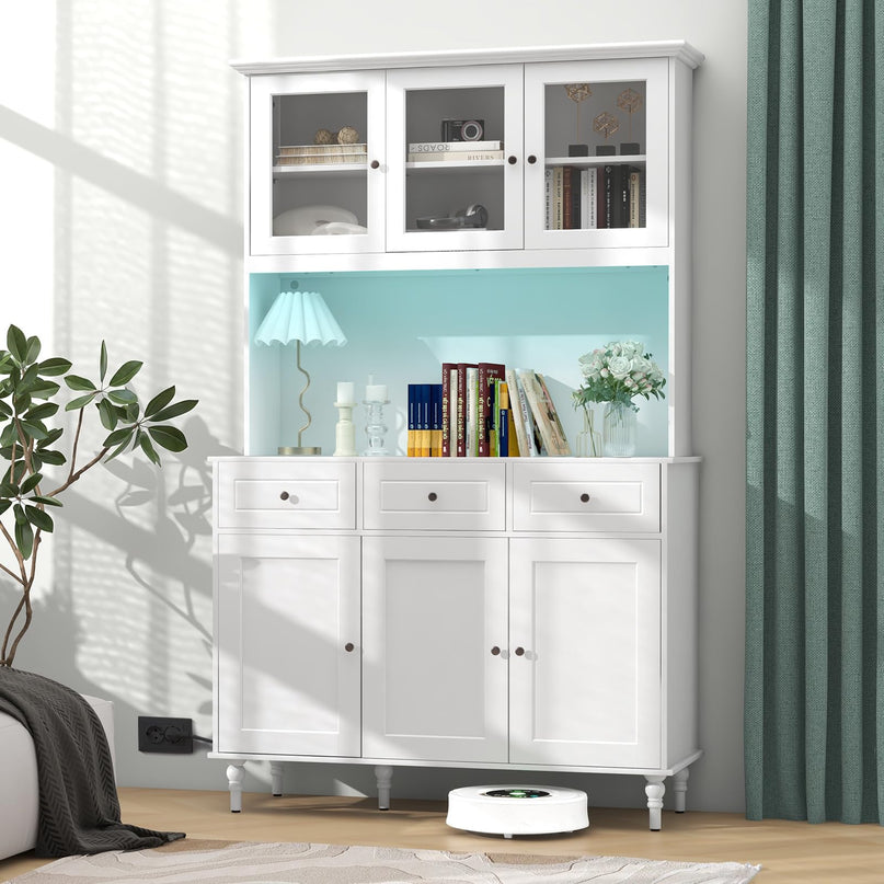 Giantex Pantry Cabinet, 77” Tall Buffet Cabinet with Hutch, LED Lights & Charging Station