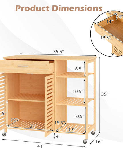 Giantex Bamboo Kitchen Island Cart with Drawer and Storage Cabinet