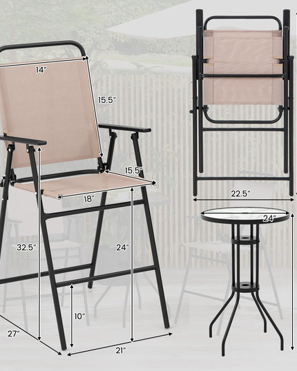 Giantex 3 PCS Outdoor Bistro Set, Patio Bar Table with 2 Folding Chairs
