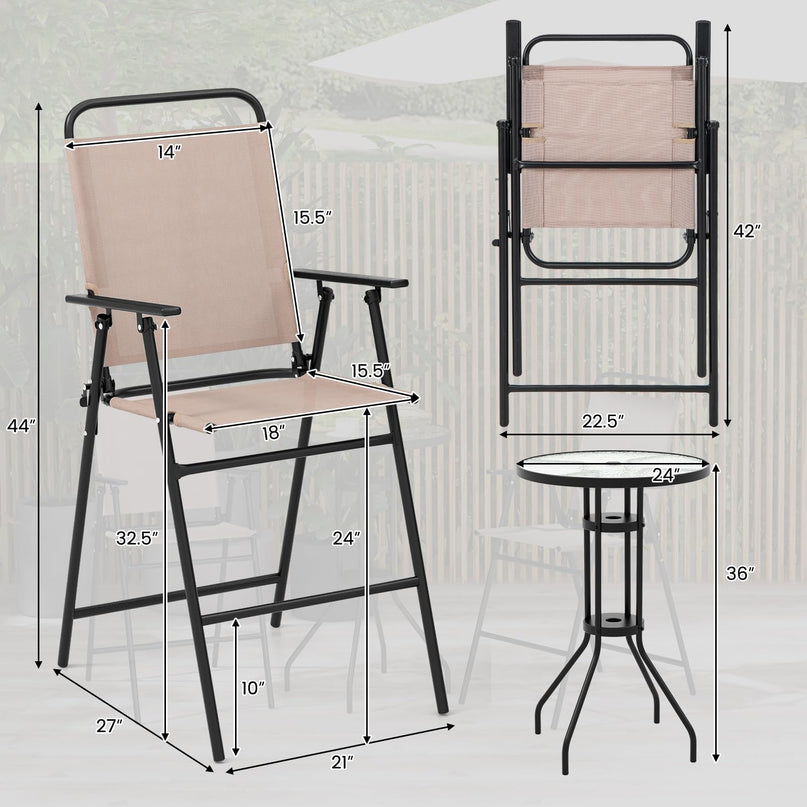 Giantex 3 PCS Outdoor Bistro Set, Patio Bar Table with 2 Folding Chairs