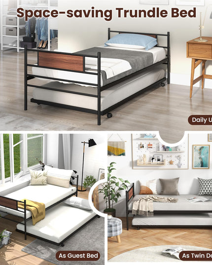 Giantex Metal Daybed with Trundle, Twin Size Day Bed with Wood Grain Headboard & Metal Slat Support